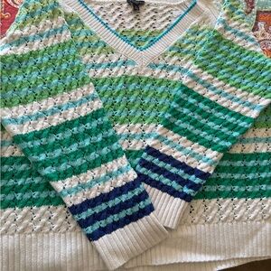 Talbots Green and Blue Striped V-Neck Sweater